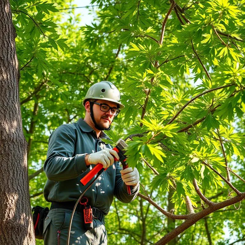 Expert arborist performing crown reduction pruning on large eucalyptus tree on Gold Coast property